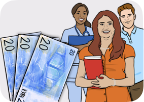 Illustration  evoking pay, of smiling workers and of euro's banknotes